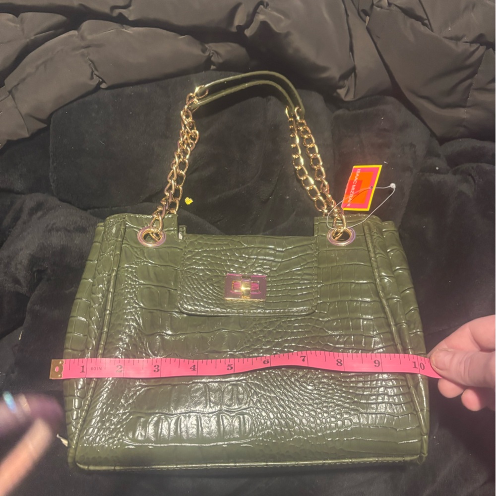 NWT Izzac Mizrahi Green Crocodile Print Handbag with Gold Chain